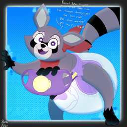 3_toes 4_fingers age_regression ambiguous_gender anthro big_diaper black_body black_fur black_nose black_stripes black_tail border clean_diaper clothed clothing cute_fangs dialogue diaper dotted_background facial_markings fangs feet fingers forced_age_regression fur gloves_(marking) grey_body grey_border grey_fur grey_inner_ear grey_tail head_markings holding_object holding_pacifier huge_diaper kerchief leg_markings looking_at_viewer markings neckerchief neckwear open_mouth open_smile pacifier pattern_background pixelated purple_pacifier purple_tongue red_kerchief red_neckerchief simple_background smile socks_(marking) solo striped_markings striped_tail stripes tail tail_markings talking_to_viewer tan_body tan_fur teeth text toes tongue wearing_diaper burritokitten indigo_park rambley_raccoon mammal procyonid raccoon 1:1 2024 absurd_res artist_name english_text hi_res signature