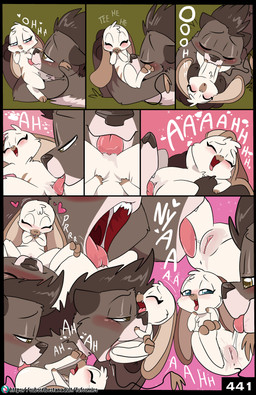 anthro black_body black_fur black_hair black_nose blush bodily_fluids cunnilingus duo eyes_closed female feral fur genital_fluids genitals hair heart_symbol male male/female open_mouth oral saliva saliva_string sex tail tail_tuft tan_body tan_fur text tongue tongue_out tuft vaginal vaginal_fluids vaginal_fluids_on_vulva vulva yellow_eyes fuf flint_(fuf) tesla_(fuf) bandicoot mammal marsupial mustelid musteline true_musteline weasel absurd_res comic english_text hi_res