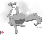 4_toes anthro breasts butt claws fangs feet female fur genitals hindpaw nipples nude open_mouth open_smile paws pose presenting presenting_hindquarters pussy smile solo teeth text toe_claws toes wolfpsalm beastars juno_(beastars) canid canine canis mammal wolf 2023 digital_media_(artwork) greyscale monochrome pinup signature url