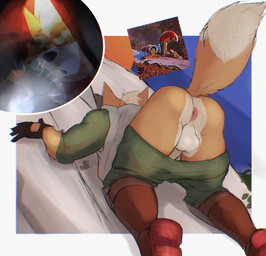 anthro anus arched_back arwing ass_up backsack balls boots bottomwear bottomwear_down butt clothed clothing fingerless_gloves fluffy fluffy_tail footwear genitals gloves handwear male pants pants_down partially_clothed partially_clothed_female penis presenting presenting_hindquarters shoes solo tail toroi nintendo star_fox the_super_mario_galaxy_movie fox_mccloud canid canine fox mammal hi_res reference_image