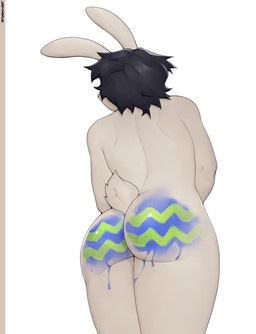 anthro big_butt big_ears black_hair blue_paint bodily_fluids bodypaint butt butt_focus faceless_character femboy fur green_paint hair holidays male paint rear_view simple_background small_tail solo sweat sweaty_butt tail thick_thighs white_background white_body white_fur ketvesce easter easter_bunny lagomorph leporid mammal rabbit absurd_res hi_res