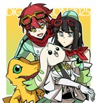 anthro black_hair eyewear eyewear_on_head female fur goggles goggles_on_head group hair long_ears male red_hair white_body white_fur yellow_body digibibim bandai_namco digimon digimon_story:_time_stranger agumon digimon_(species) human mammal terriermon