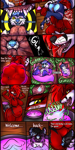 abdominal_bulge anthro belly big_belly big_breasts bodily_fluids breasts burping butt cauldron cheek_tuft coerced_prey digestion digestion_noises digestion_sequence drooling duo facial_tuft female female_pred fluffy fluffy_tail glk glowing glowing_eyes gooey_digestion gulp_(sound_effect) gums head_against_belly hypnosis hypnotic_eyes hypnotized_prey inside_stomach internal listening_to_belly magic magic_user male male/female male_prey mind_control mirror mirror_reflection mouth_shot neck_tuft nude onomatopoeia open_mouth oral_vore pawpads paws permanent piercing_gaze potion potion_bottle raised_paw redesign reflection reformation rumbling_stomach saliva saliva_string same_size_vore slime slurping soul sound_effects spell stomach_acid swallowing tail teeth text tongue tuft vore weight_gain witch ira_the_carnivore ira_(ira_the_carnivore) proxima_yeen canid canine fox hyena mammal spotted_hyena absurd_res comic hi_res huge_filesize sequence