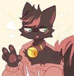 anthro bell bell_collar black_body black_fur clothing collar femboy fur gesture green_body green_fur hand_gesture hoodie looking_aside male red_clothing red_hoodie red_topwear slim_anthro slim_male solo topwear v_sign bunonthemoon domestic_cat felid feline felis mammal 2023