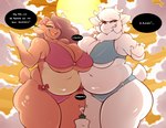 anthro bikini breast_squish breasts breasts_frottage cleavage clothed clothing deer dialogue english_text female fur gin-blade hair hair_over_eye hi_res mammal navel new_world_deer one_eye_obstructed overweight overweight_female reindeer squish swimwear text thick_thighs white_body white_fur