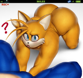 all_fours anthro big_butt blue_body blue_eyes bodily_fluids butt camera_hud duo eyebrows eyeliner featureless_crotch femboy first_person_view fur looking_at_viewer makeup male mascara multicolored_body multicolored_fur nude open_mouth question_mark raised_eyebrow recording sweat sweatdrop tan_body thick_thighs two_tone_body two_tone_fur white_body white_fur yellow_body yellow_fur blu_rent sega sonic_the_hedgehog_(series) miles_prower sonic_the_hedgehog canid canine eulipotyphlan fox hedgehog mammal red_fox true_fox 2026 absurd_res hi_res