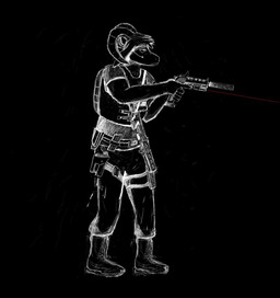 anthro armor body_armor dark gun horn horny_goat laser male military military_clothing ranged_weapon solo weapon dragon_wick bovid caprine goat mammal hi_res