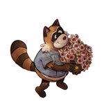 anthro biped clothing flower male plant red_nose shirt simple_background slightly_chubby smile solo topwear white_background hxboox03 robot_dreams rascal_(robot_dreams) mammal procyonid raccoon 2024