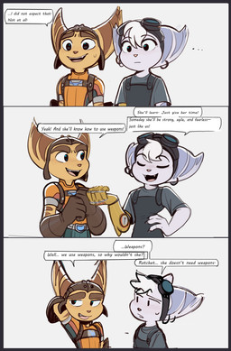 anthro bodily_fluids clothed clothed_female clothed_male clothing cybernetic_arm cybernetic_limb dialogue duo female fur gloves hair handwear male male/female pink_nose sweat sweatdrop text white_body white_fur white_hair yellow_body yellow_fur time_fluffy500 ratchet_and_clank sony_corporation sony_interactive_entertainment ratchet_(ratchet_and_clank) rivet_(ratchet_and_clank) lombax mammal absurd_res comic english_text hi_res