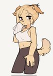 anthro blonde_hair bodily_fluids bottomwear breasts brown_eyes cleavage clothed clothing crop_top female fur hair kemono looking_at_viewer midriff navel pants ring shirt simple_background solo standing sweat topwear towel yellow_body yellow_fur crayon_(artist) canid canine canis domestic_dog mammal 2022 hi_res