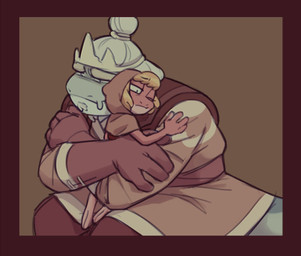 2_toes 4_fingers anthro blue_body blue_skin clothing crown duo eyebrows feet female fingers gloves hair hair_bun handwear headgear hoodie hug larger_male male one_eye_closed orange_hair pink_body pink_skin royalty size_difference smaller_female thick_eyebrows toes topwear white_hair dashintrash amphibia_(series) disney king_andrias_leviathan leif_plantar amphibian frog newt salamander