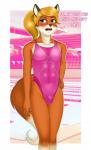 2020 absurd_res alex_(buffbumblebee) anthro biped blonde_hair blue_eyes blush buffbumblebee bulge canid canine clothed clothing crossdressing detailed_bulge digital_drawing_(artwork) digital_media_(artwork) eyebrows eyelashes fingers fox front_view fur girly hair hi_res male mammal one-piece_swimsuit open_mouth ponytail solo sport_swimsuit standing swimwear text tight_clothing