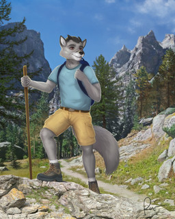 anthro backpack belt black_horn blue_clothing blue_shirt blue_sky blue_topwear bottomwear clothed clothing cloud day fingers footwear fully_clothed fur grey_body grey_fur grey_tail hiking holding_object horn landscape outside shirt sky socks solo tail topwear white_clothing white_footwear white_socks yellow_bottomwear yellow_clothing rov nick_(nick73188) canid canine demon fox hybrid mammal 2023 4:5 digital_media_(artwork) digital_painting_(artwork) hi_res painting_(artwork) photo_manipulation signature