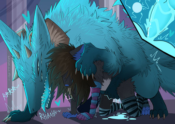 6_legs anthro anthro_on_feral anthro_penetrated bestiality bestiality_impregnation blue_body blue_eyes blue_skin bodily_fluids brown_hair cum cum_in_vagina cum_inside cum_on_ground duo female female_anthro female_on_feral feral feral_on_top feral_penetrating feral_penetrating_anthro from_behind_position fur genital_fluids grey_body grey_fur hair impregnation larger_feral larger_male male male/female male_feral mating_grip mounting multi_eye multi_limb multi_tail ovum penetration prosthetic prosthetic_arm prosthetic_limb sex size_difference smaller_anthro smaller_female sperm_cell tail pankallisti circe_(pankallisti) duodeko_(pankallisti) canid canine mammal monster murid murine rat rodent hi_res