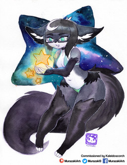 abstract_background anthro bangs biped breasts chest_tuft chibi choker clothed clothing eyewear female glasses holding_object jewelry midriff navel necklace open_mouth panties skimpy smile solo star thick_thighs tuft underwear wide_hips murazaki unknown_species absurd_res hi_res painting_(artwork) traditional_media_(artwork) traditional_painting_(artwork) traditional_watercolor_(artwork) watercolor_(artwork)