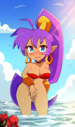 assisted_exposure bandeau beach big_breasts blue_eyes blush bottomless bracelet breasts choker cleavage cleavage_overflow clothed clothing cloud covering covering_crotch day ear_piercing ear_ring embarrassed eyelashes female frown gold_(metal) gold_bracelet gold_ear_ring gold_jewelry hair humanoid_pointy_ears jewelry light light_beam long_hair looking_at_viewer narrowed_eyes navel necklace nipple_outline not_furry open_frown open_mouth partially_submerged piercing pointy_ears ponytail public public_exposure purple_hair ring_piercing sea shy sky solo standing sunbeam sunlight tan_body tan_skin topwear water wide_hips tenshigarden shantae_(series) wayforward shantae arthropod crab crustacean decapod genie humanoid malacostracan 2021 absurd_res hi_res portrait signature three-quarter_portrait