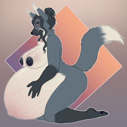 anthro arched_back belly belly_blush big_belly big_breasts blush body_blush breast_blush breasts female hair huge_belly hyper hyper_belly looking_at_viewer pregnant pregnant_anthro pregnant_female stretch_marks tied_hair ajna canid canine mammal maned_wolf 1:1 hi_res