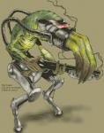 face_tentacles green_body green_skin gun holding_gun holding_object holding_ranged_weapon holding_weapon mask ranged_weapon shotgun simple_background solo tentacles text weapon jazon19 residentlilly oddworld alien slig 2007 english_text