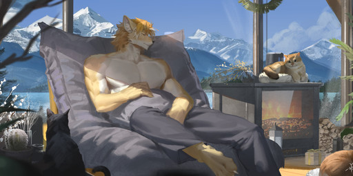 anthro barefoot black_body black_fur black_nose blonde_hair bottomwear clothed clothing eyes_closed feet front_view fur grey_bottomwear grey_clothing grey_pants group hair inside male male_anthro mouth_closed muscular muscular_anthro muscular_male orange_body orange_fur pants pecs reclining short_hair tan_body tan_fur topless white_body white_fur awaldkize canid canine domestic_cat felid feline felis mammal absurd_res hi_res