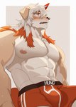 abs anthro arknights bulge canid canine canis clothed clothing countershading domestic_dog erection erection_under_clothing hachi_duchi hair hi_res hung_(arknights) hypergryph male mammal muscular nipples orange_clothing orange_eyes orange_hair pecs simple_background solo studio_montagne tenting tuft underwear white_hair