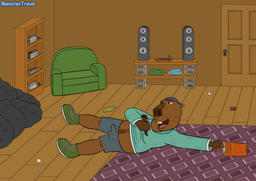 anthro bottomwear brown_body bulge clothing detailed_background detailed_bulge erection erection_under_clothing food furniture genital_outline hat headgear headwear inside lying male micro open_mouth penis_outline shorts slightly_chubby sofa solo hamstertrove goat_(movie) sony_corporation sony_pictures daryl_(goat) capybara caviid mammal rodent 2026 hi_res