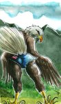 4_toes american_flag anisodactyl anthro beady_eyes beak biped bottomwear brown_body brown_feathers butt claws clothed clothing daisy_dukes day denim denim_bottomwear denim_clothing denim_shorts detailed_background eyelashes feather_hands feathered_wings feathers feet female grass grey_claws hotpants looking_at_viewer looking_back looking_back_at_viewer mountain multicolored_body multicolored_feathers outside plant presenting presenting_hindquarters raised_tail realistic_wings rear_view scales scutes shorts sky solo standing tail tail_feathers talons toe_claws toes topless united_states_of_america white_body white_feathers wings yellow_beak caravaggia accipitrid accipitriform avian bald_eagle bird eagle sea_eagle 2020 hi_res painting_(artwork) signature traditional_media_(artwork) watercolor_(artwork)