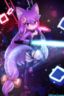 accessory anthro bell_accessory biped black_clothing black_legwear black_leotard black_stockings bow_ribbon bow_tie butt clothed clothing eyebrows female flat_chested furgonomics glowing hair hair_accessory holding_melee_weapon holding_object holding_sword holding_weapon inner_ear_fluff legwear leotard long_hair looking_at_viewer looking_back looking_back_at_viewer melee_weapon mouth_closed purple_body purple_eyes purple_hair rear_view ribbons solo stockings sword tail tail_accessory tail_bow tail_ribbon thigh_highs tight_clothing tuft weapon young young_anthro young_female lumineko beat_saber luminyako_(lumineko) domestic_cat felid feline felis mammal 2025 2:3
