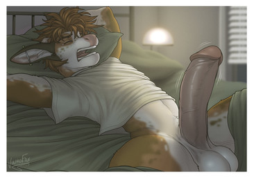 anthro balls bangs barbell_piercing bed bed_frame bedding big_glans big_penis biped blanket blinds border bottomless bottomless_anthro bottomless_male brown_body brown_fur brown_hair clothed clothed_anthro clothed_male clothing countershade_arms countershade_face countershade_fur countershade_legs countershade_torso countershading ear_piercing erection eyebrows eyes_closed foreskin frenulum fur furniture furniture_lamp genitals glans hair humanoid_genitalia humanoid_penis industrial_piercing inside lying lying_on_bed male male_anthro morning_wood motion_lines multicolored_body multicolored_fur navel on_back on_bed open_mouth penis piercing pillow pink_glans pink_penis pink_tongue retracted_foreskin shirt solo t-shirt teeth tongue topwear vein veiny_penis waking_up whiskers white_body white_border white_clothing white_countershading white_fur white_shirt white_t-shirt white_topwear yawn vulprofox dallas_(gingersnaps) deer mammal 2025 dated digital_media_(artwork) film_grain hi_res shaded signature