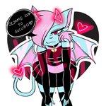 anthro bat_wings black_clothing blue_body blue_fur blue_skin clothing collar dialogue ear_piercing eyeshadow femboy filter fur gloves hair handwear heart_symbol holidays legwear long_tail looking_at_viewer makeup male membrane_(anatomy) membranous_wings piercing pink_eyes pink_hair pose short_hair solo spade_tail tail talking_to_viewer text thigh_highs topwear wings crazy_guy_(artist) terry_bat bat mammal succubus 1:1