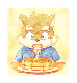 anthro blush border butter chibi dairy_products eyebrows food hungry male pancake plate scar solo syrup thick_eyebrows white_border ren_izayoi lifewonders tokyo_afterschool_summoners moritaka_(tas) canid canine canis domestic_dog mammal