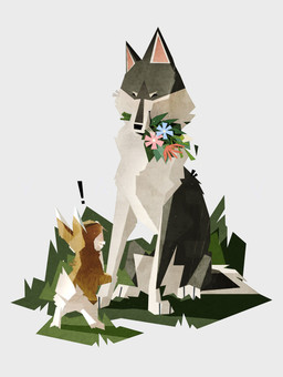 ambiguous_gender bouquet brown_body brown_fur duo ears_up exclamation_point feral flower flower_bouquet flower_in_mouth fur fuzzy grass grey_body grey_fur holding_object looking_at_another looking_up object_in_mouth on_model plant pointy_ears prick_ears raised_leg simple_background sitting size_difference standing tail underbelly white_background yasv might_and_delight shelter_(game_series) canid canine canis lagomorph leporid mammal rabbit wolf absurd_res hi_res lineless