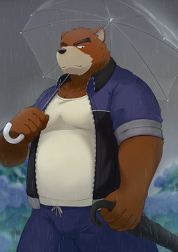 anthro belly big_belly black_nose bottomwear brown_body clothing detailed_background humanoid_hands kemono male outside overweight overweight_male pants raining shirt solo topwear umbrella ry_o morenatsu juuichi_mikazuki bear mammal 2022 absurd_res hi_res