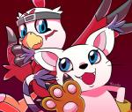 ambiguous_gender anthro beak blue_eyes claws clothing duo fangs fur gloves handwear looking_at_another pawpads red_body semi-anthro teeth white_body white_fur yukirasha bandai_namco digimon avian bird digimon_(species) felid feline gatomon hawkmon mammal 2019 hi_res signature