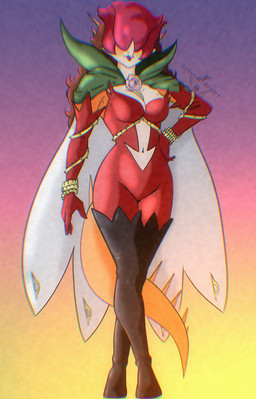 abstract_background anthro armwear big_tail black_boots black_clothing black_footwear bodysuit boots breasts brown_hair cleavage clothed clothing cosplay crossover_cosplay elbow_gloves facial_horn female flower footwear front_view gloves hair handwear head_spikes horn legwear light_body light_scales long_hair long_tail medium_breasts multicolored_body multicolored_scales navel nose_horn open_mouth open_smile orange_body orange_scales plant red_bodysuit red_clothing red_gloves red_handwear red_skinsuit rose_(flower) scales shoes skinsuit smile solo spiked_tail spikes spikes_(anatomy) tail text thigh_boots thigh_highs tight_clothing two_tone_body two_tone_scales vvurm_drama bandai_namco cavemanon_studios digimon goodbye_volcano_high ko_op_(game_developer) snoot_game rosa_(gvh) aquilops ceratopsian digimon_(species) dinosaur marginocephalian ornithischian prehistoric_species reptile rosemon scalie 2026 absurd_res anaglyph artist_name crossover digital_drawing_(artwork) digital_media_(artwork) hi_res stereogram watermark