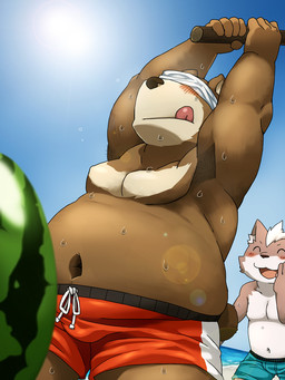 anthro belly blush bodily_fluids brown_body brown_fur bulge clothing duo eyes_closed food fruit fur humanoid_hands kemono male melon moobs navel overweight overweight_male plant sweat swimwear tongue tongue_out watermelon nikiciy bear mammal 2012 3:4