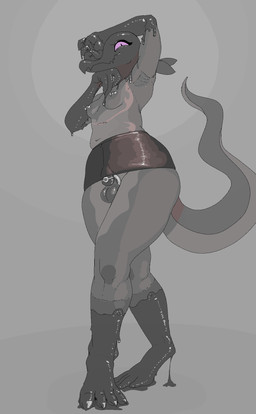anthro balls bottomwear chastity_cage chastity_device clothing genitals gynomorph intersex latex male microskirt miniskirt nipple_piercing nipples penis piercing pokeball skirt solo tattoo wearing_chastity_cage wearing_chastity_device frogbertx nintendo pokemon lepki amphibian generation_7_pokemon goo_creature living_latex pokemon_(species) salamander salandit hi_res