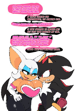 anthro big_breasts breasts cleavage clothed clothing dialogue duo female green_eyes huge_breasts male male/female red_eyes seductive tail text meweeze sega sonic_the_hedgehog_(series) rouge_the_bat shadow_the_hedgehog bat eulipotyphlan hedgehog mammal 2026 absurd_res english_text hi_res