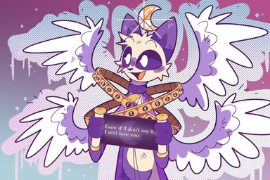 4_wings anthro clothing crescent_moon halo holding_object holding_sign looking_at_another male moon multi_wing open_mouth purple_body purple_eyes scroll sign smile solo text tongue wings casver_w mob_entertainment poppy_playtime smiling_critters catnap_(poppy_playtime) angel domestic_cat felid feline felis mammal english_text hi_res