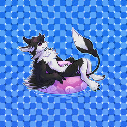 3_fingers 3_toes 4_ears anthro arm_support black_body black_claws black_feathers black_finger_claws black_fur black_sclera blue_background cheek_tuft chest_tuft claws closed_smile crotch_tuft digitigrade facial_tuft feathered_wings feathers feet finger_claws fingers floating fluffy fluffy_tail fur hair illusion inflatable inflatable_ride inflatable_support inner_tube leaning leaning_backward leaning_on_elbow looking_at_viewer male mouth_closed multi_ear multicolored_body nude on_pool_toy optical_illusion pawpads pool_toy purple_eyes side_view simple_background sitting sitting_on_pool_toy smile solo tail toe_claws toes tuft water water_background white_body white_feathers white_fur winged_arms wings vero_(artist) fyr_(fenrir784) avali avian bird 1:1 2025 absurd_res colored digital_drawing_(artwork) digital_media_(artwork) hi_res shaded simple_shading maleherm_(lore)