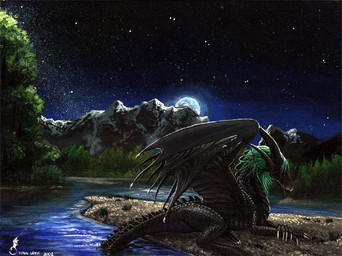 ambiguous_gender backlighting black_body black_scales claws detailed_background evergreen_tree feral forest green_hair hair horn landscape light long_hair looking_aside mane moon mountain nature nature_background night outside plant river riverbank scales sitting sky solo spiked_tail spikes spikes_(anatomy) star tail tail_in_water tree water wings tina_leyk mythology dragon mythological_creature mythological_scalie scalie 2002 dated lighting signature source_request traditional_media_(artwork)