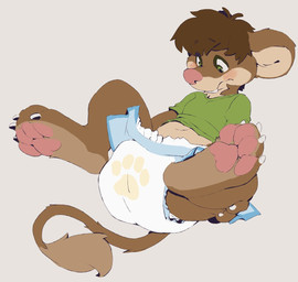 anthro black_claws blush brown_hair claws clean_diaper clothing diaper diaper_change embarrassed green_clothing green_shirt green_topwear hair large_paws lying male on_back paws print_diaper shirt simple_background solo topwear white_diaper young seth-iova dipodomyine heteromyid kangaroo_rat mammal rodent hi_res