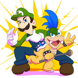 3_toes 4_fingers 5_fingers action_pose anthro arms_bent bent_leg bent_legs black_bracelet black_eyebrows black_facial_hair black_mustache blue_clothing blue_hair blue_markings blue_overalls blue_shell bracelet bracelet_only brown_clothing brown_footwear brown_hair brown_shoes claws clothed clothed_human clothed_male clothing duo eyebrows facial_hair fangs featureless_crotch feet finger_claws fingers floating_eyebrows footwear fully_clothed fully_clothed_human fully_clothed_male gesture gloves green_clothing green_head green_shirt green_topwear hair hand_gesture handwear happy head_markings holding_object holding_wand jewelry larger_human larger_male lidded_eyes lips looking_at_viewer male male_anthro male_human markings medium_hair mustache on_one_leg open_mouth open_smile overalls pose puckered_lips red_tongue scales shell shirt shoes short_hair short_tail simple_background size_difference smaller_anthro smaller_male smile smiling_at_viewer spiked_bracelet spiked_shell spikes spikes_(anatomy) standing star_(marking) tail tan_body tan_lips tan_scales tan_skin teeth thin_eyebrows toe_claws toes tongue topwear v_sign wand white_background white_claws white_clothing white_gloves white_handwear white_spikes yellow_body yellow_scales yellow_tail cbfanart mario_bros nintendo koopaling larry_koopa luigi human koopa mammal scalie 1:1 2025 colored digital_drawing_(artwork) digital_media_(artwork) english_description hi_res shaded