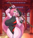 anthro big_breasts black_nose bow_(weapon) bracelet breasts clothing female green_eyes hair huge_breasts jewelry long_hair one_piece_suit open_mouth pink_hair ranged_weapon smile solo staff tight_clothing tongue training weapon mastergodai rascals reiko_usagi lagomorph leporid mammal rabbit hi_res