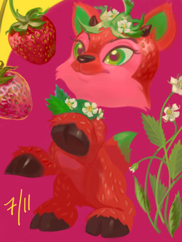 abstract_background ambiguous_gender feral food fruit green_eyes hooves plant quadruped solo strawberry toony mighty-whydah neopets bovid caprine deer ixi_(neopets) mammal neopet_(species) 3:4 digital_media_(artwork) digital_painting_(artwork) painting_(artwork)