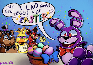 ambiguous_gender anthro basket bib bow_tie clothing confusion container easter_basket easter_egg female group hat headgear headwear holidays male red_bow_tie text top_hat badinater easter five_nights_at_freddy's scottgames bonnie_(fnaf) chica_(fnaf) foxy_(fnaf) freddy_(fnaf) avian bear bird canid canine chicken fox galliform lagomorph leporid mammal phasianid rabbit robot_anthro 2026 digital_media_(artwork) english_text hi_res