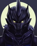 anthro armor black_armor clothing dark_body dark_fur front_view full_moon fur glowing glowing_eyes horn male mask moon solo yellow_sclera burmeoburmeo power_rangers power_rangers_wild_force zen-aku canid canine canis mammal wolf 2021 bust_portrait digital_drawing_(artwork) digital_media_(artwork) hi_res portrait