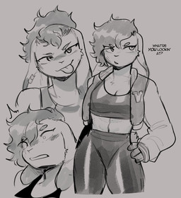 abs anthro athletic athletic_anthro athletic_female black_clothing black_text black_topwear bottomwear breasts cleavage clothed clothed_anthro clothed_female clothing crop_top dialogue ear_piercing eye_through_hair eyebrow_through_hair eyebrows female female_anthro fingers floppy_ears front_view fur grey_background hair hand_on_hip jacket letterman_jacket lop_ears midriff navel pants piercing shirt simple_background sleeveless_clothing sleeveless_shirt solo text tongue tongue_out topwear translucent translucent_hair conditional_dnp sonokido ventura_city_drifters emily_lang lagomorph leporid mammal rabbit 2025 digital_drawing_(artwork) digital_media_(artwork) english_description english_text hi_res monochrome sketch