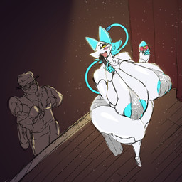 anthro areola big_breasts blush blush_lines blush_stickers breasts clothing dress duo electronics empty_eyes eyelashes female holding_microphone holding_object huge_breasts hyper hyper_breasts long_eyelashes machine male microphone open_mouth stage standing thick_thighs wide_hips yellow_eyes revifrry deltarune undertale_(series) tasque_manager android darkner felid feline mammal robot 1:1 hi_res