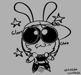 anthro baseball_cap big_eyes blush bottomwear clothing cute_fangs electronics fangs female front_view hair hat headgear headphones headphones_around_neck headwear midriff onomatopoeia pants solo sound_effects standing star teeth text felino dj_ampie_(felino) alien 2026 black_and_grey monochrome sketch