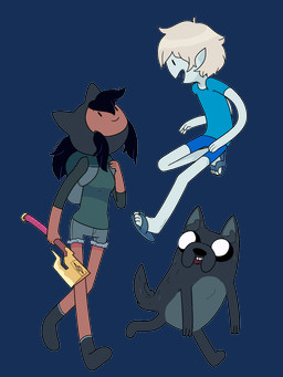 alternate_species ambiguous_gender anthro black_hair blonde_hair boots bottomwear breasts clothed clothing denim denim_bottomwear denim_clothing denim_shorts fangs female flip_flops floating footwear fur group hair humanized humanoid_pointy_ears long_hair male melee_weapon open_mouth pointy_ears ponytail sandals shoes shorts smile sword tail teeth toony trio walking weapon young discount-supervillain adventure_time cartoon_network finn_the_human jake_the_dog marceline_abadeer canid canine canis human humanoid mammal vampire wolf 3:4 alpha_channel digital_media_(artwork) hi_res